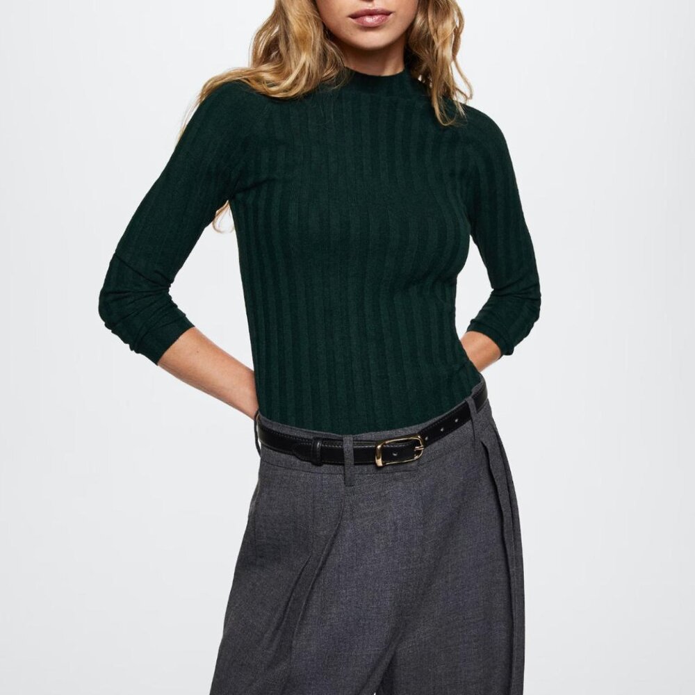 NWT Mango Green Ribbed Bodycon Stretchy Mock Neck Long Sleeve Top